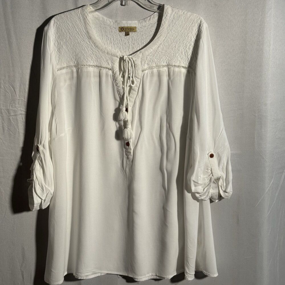 Democracy Cream Peasant Blouse 2X Boho Tassel Tie Cottagecore Yoke Top Casual